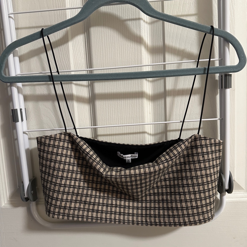 Reformation Tan And Black Plaid Spaghetti Strap Crop Top